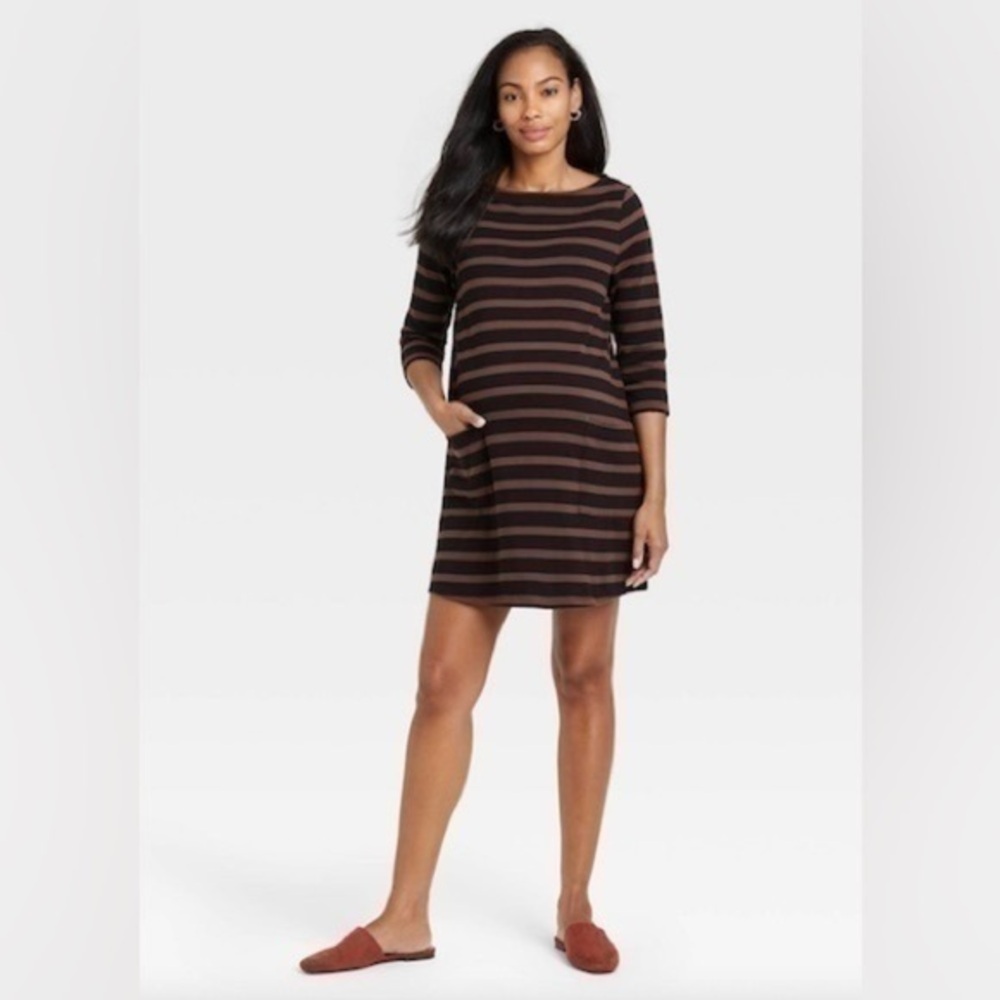 The Nines x Hatch Tunic Shift Dress Medium Brown Black Striped Maternity Jersey
